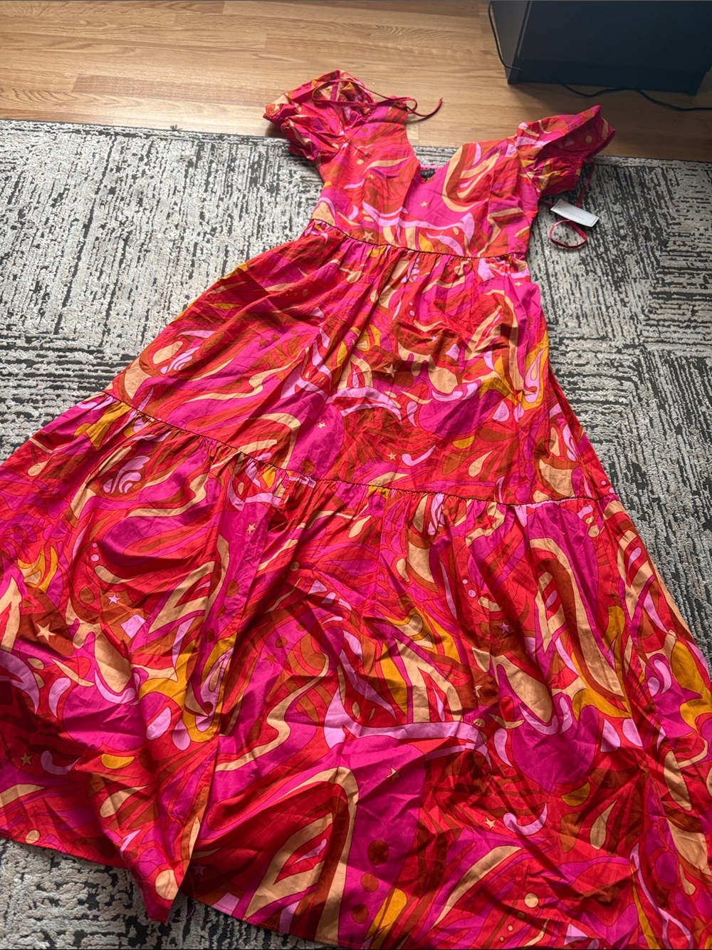 1. State Pink & Orange Abstract Print Tiered Maxi Dress